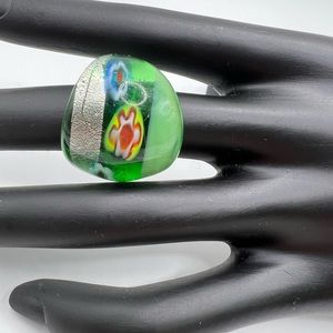 Green Murano Art Glass Millefiori Ring 7 1/2